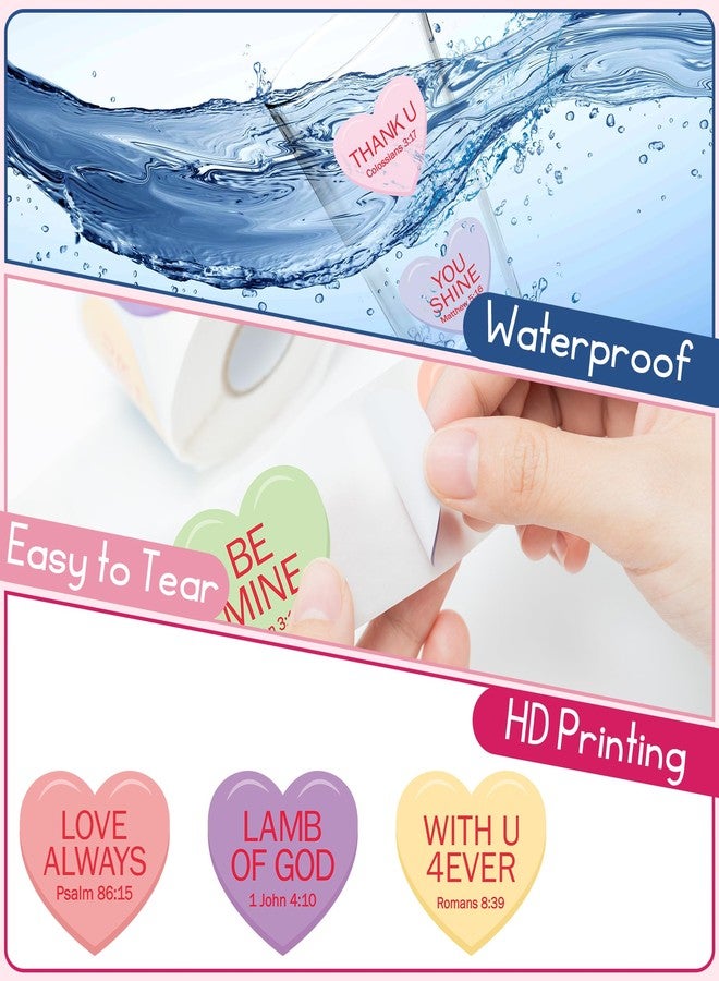 W1cwey 1000pcs Valentine’s Day Heart-Shaped Candy Sticker Rolls (2 Rolls), 16 Designs Valentine’s Theme Jesus Reply from Bible Chapter Self-Adhesive Sticker for Kids Sunday School VBS Supplies (Red) - Image 3